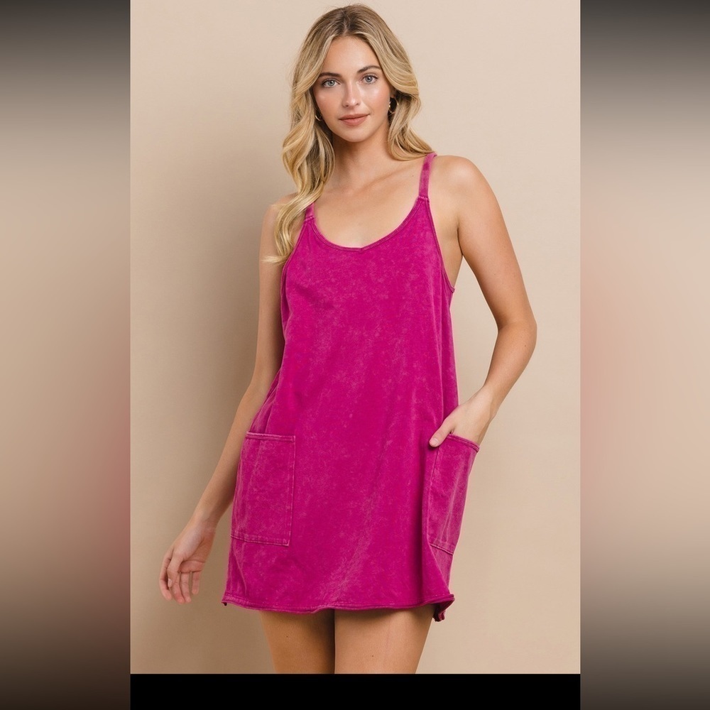 Charmo Magenta Loose Fit Athletic Cami Dress With Pockets